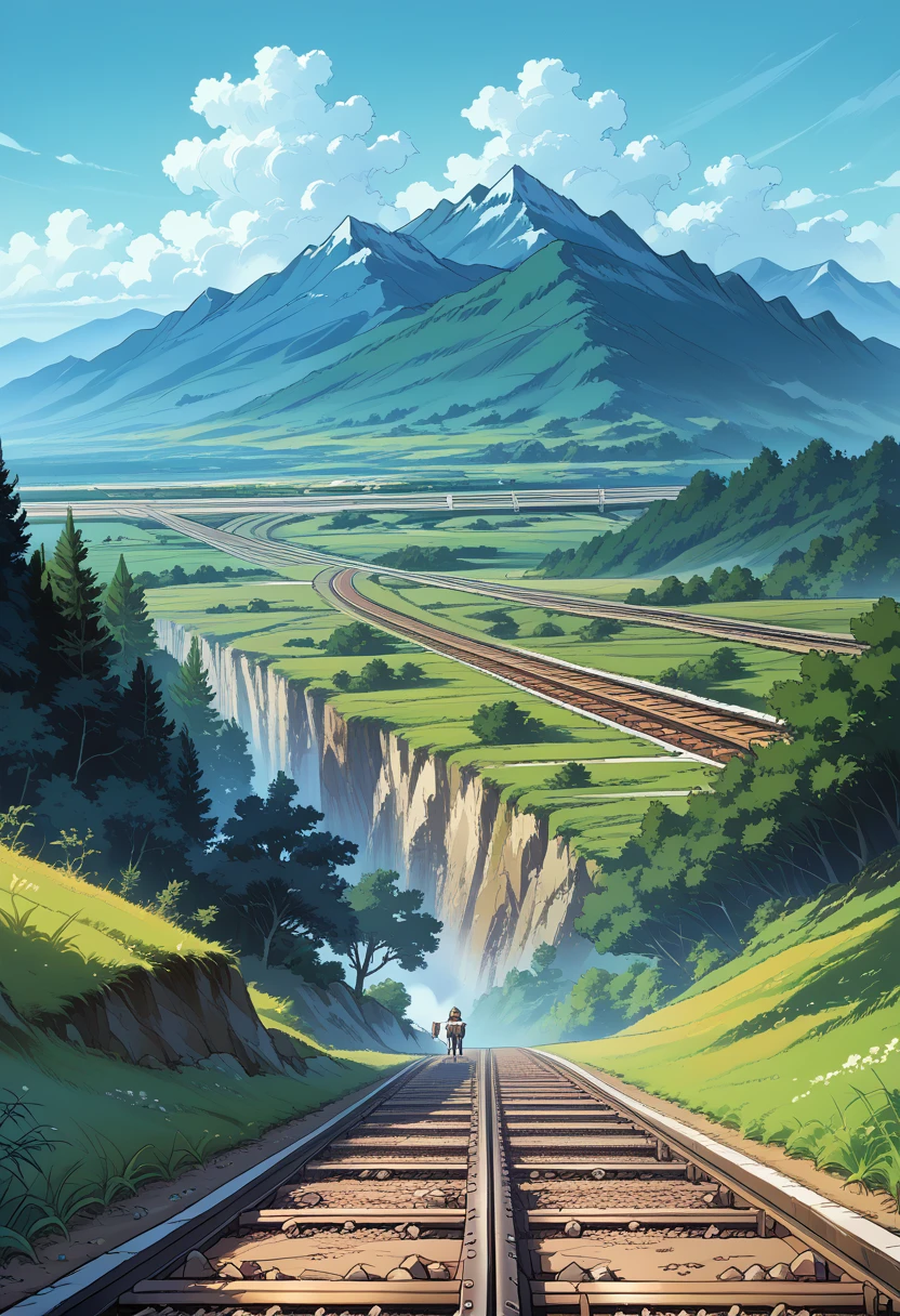 There is a beauty standing on the railway tracks, with plates, landscape art, anime background art, lepfe art, Detailed Landscape - Width 672, Landscape art detailed, lepfe art style, beautiful anime landscape, made in an anime artist&#39;s studio, background image, anime village landscape, beautiful art uhd 4k, Anime Art Wallpaper 8K, anime landscape