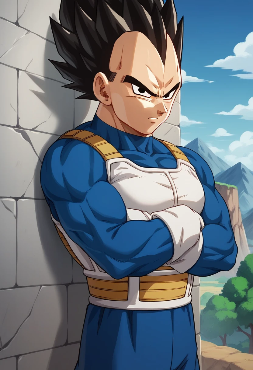 Vegeta, with his typical hair, male, black hair, black eyes, spiky hair, mountain background, mountain, leaning against the wall with his arms crossed