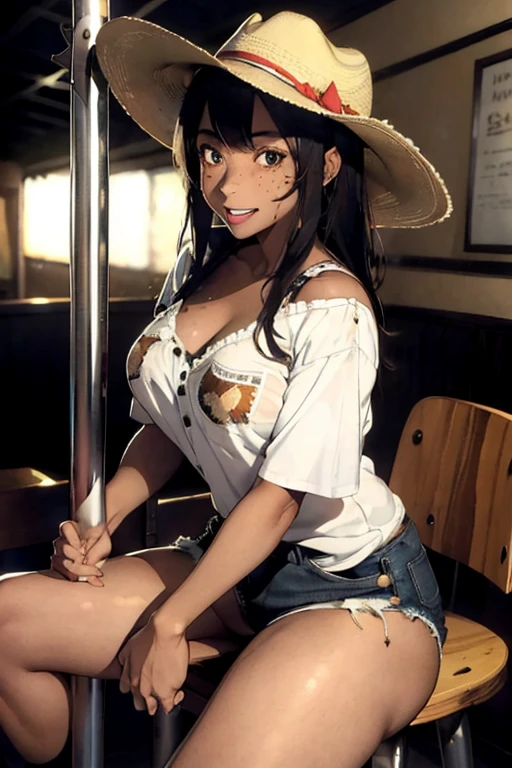 1 girl, darker skin, brown skin, freckles, afro hair, black hair, long hair, green eyes, cowgirl clothes, short short, cowgirl hat, huge breast, thick legs, red hairband, strip club, stripper pole, pole, smile, sitting down, in the chair, thick ass, ass, grabbing own ass, twerk, open mouth