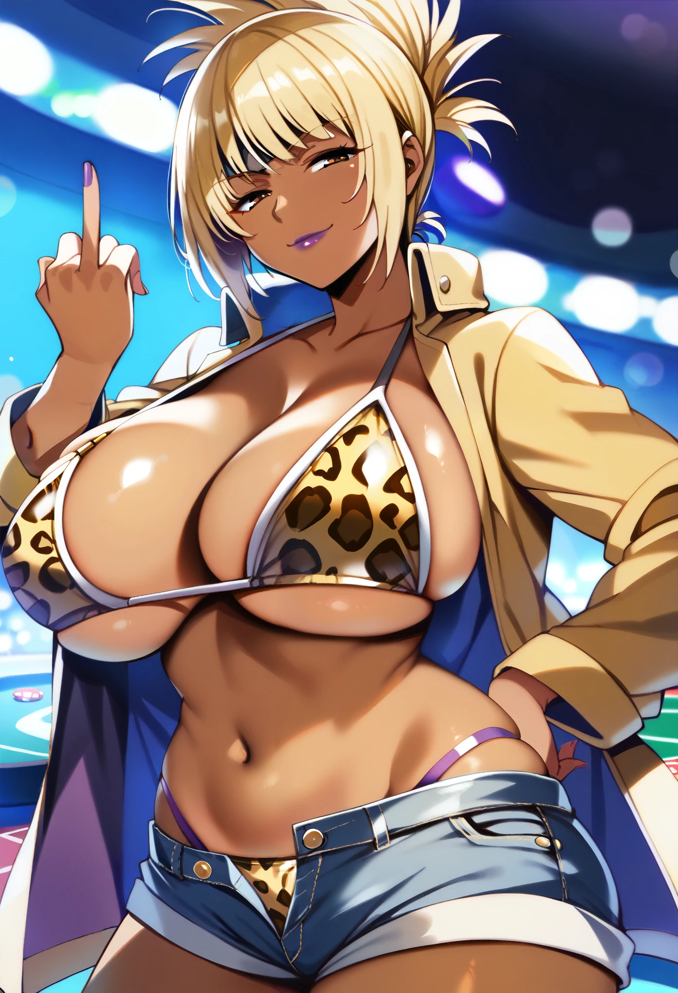 masterpiece, score_9, score_8_up, score_7_up, source_anime, high quality, extremely detailed, 1girl, milf, solo, (dark skin, black skin:1.8), mitanko, zPDXL3, (large breasts:1.8), ((((blonde hair), folded ponytail, bangs, brown eyes, half-closed eyes))), purple lips, (((open jacket, leopard print bikini, denim shorts))), ((light smile), closed mouth), ((middle finger, casino))