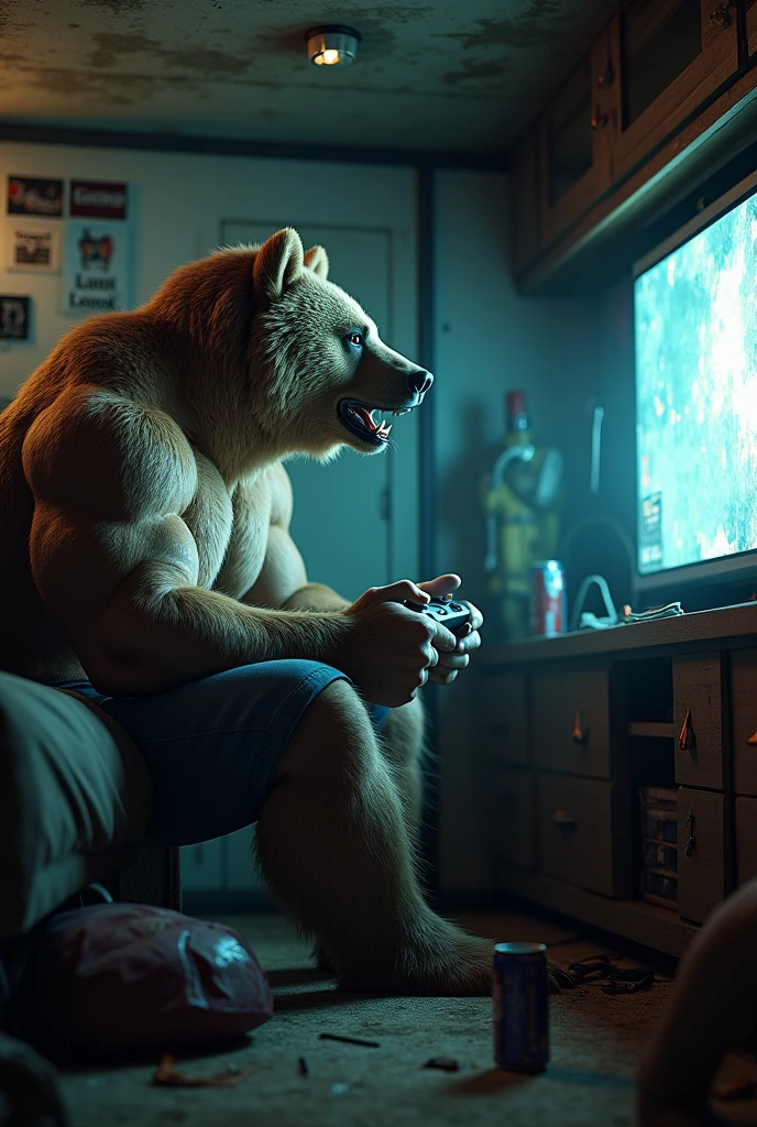 A muscular anthropomorphic character with features of both a human and a bear,He's sitting on the couch playing Xbox.The body is thick and broad.The body is fat but strong like a bear.With a beard.A little bigger, a little fatter, a little wider Just a big guy.The body is a little wider, a little taller, and huge, A muscular anthropomorphic character with features of both a human and a bear,The male characteristics are obvious.Very handsome,3d color animation modeling