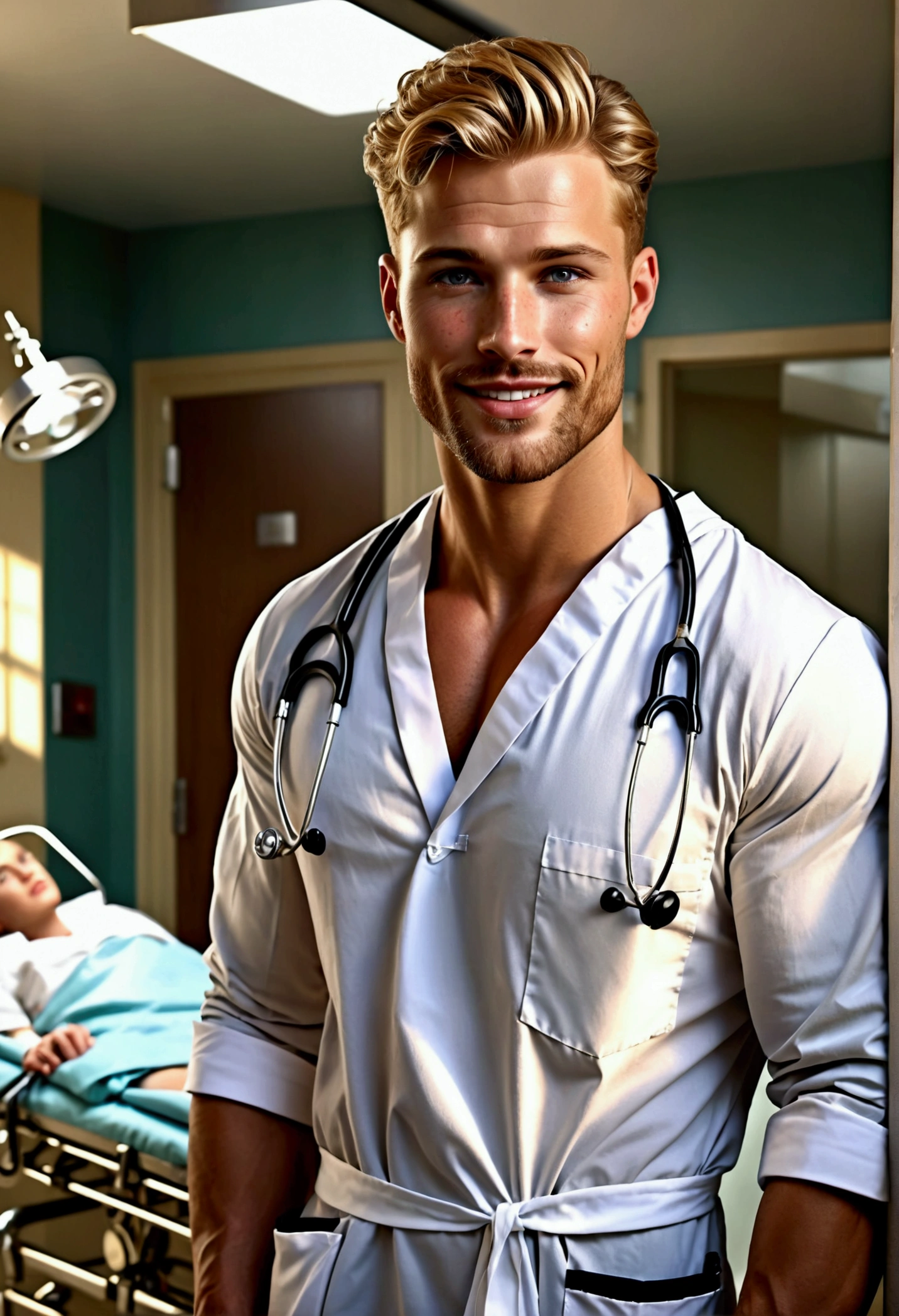 Beautiful sexy man with short golden blonde hair, intense bright grey eyes, detailed face with shaved beard, blushing cheeks, extremely realistic and detailed face, freckles on his cheeks, has a big charming smile on his face, he is muscular, elegant man with classy pose, he is dressed like a doctor and has his hands put in the pockets of his hospital gown, in the background an emergency room with stretchers and medical instruments, cinematic lighting, dramatic lighting, soft lighting, baroque style, romantic, ornate, intricate details, masterpiece, (best quality, 4k, 8k, high resolution, masterpiece: 1.2), ultra detailed, (realistic, photorealistic, photorealistic: 1.37), vibrant colors, dark tones, warm lighting