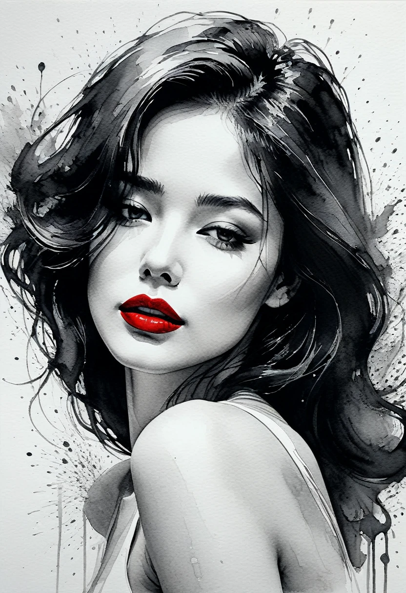 Sexy woman, black and white ink painting, pen sketch, soft brush strokes, delicate line drawing with pen, fluid action, subtle ink tones, elegant pose, peaceful expression, delicate facial features, ink, dust, wet. Black and white, only red lips, clean