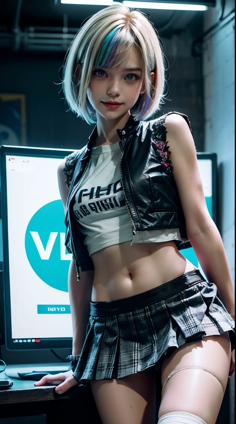 A colorful Bob cut haired punk canadian girl, smooth white skin, innocent, enticing, Ultra high res, uhd, photorealistic, detailed cyberpunk outfit, ripped shirt, wink, smiling, neon lighting, crop top vest, detailed short skirt, colorful loose socks, long legs, fish eye lens, vogue pose, modelling, beautiful detailed face