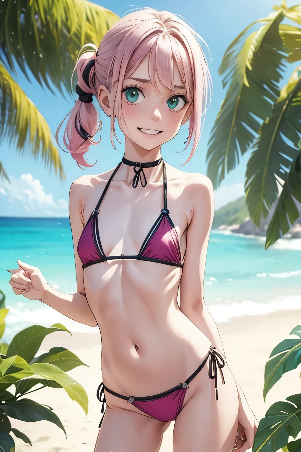 masterpiece, high quality, 最high quality, Very young  alone， Elita, Pink Hair，Short Hair，Side Ponytail，Green Eyes，Very short stature，Very flat chest，Very thin thighs，Very small ass，Pink ultra micro bikini, Silk Bikini, A shy smile，Just concentrate，Cowboy Shot, [Dynamic pose, Beach, Coastal Department, Lighting, shadow, Blurred Background, Realistic，Perfect Face，Expressive eyes，