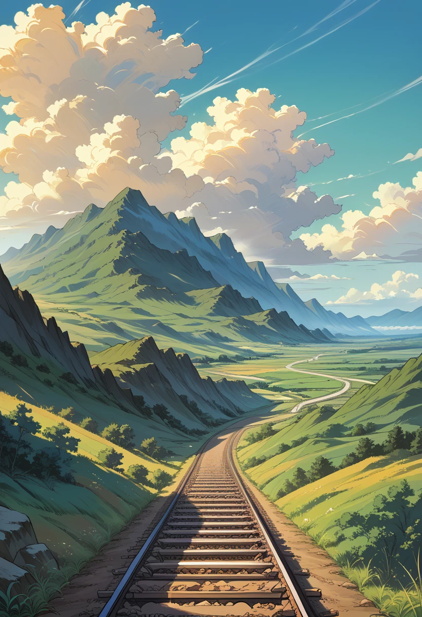 There is a beauty standing on the railway tracks, with plates, landscape art, anime background art, lepfe art, Detailed Landscape - Width 672, Landscape art detailed, lepfe art style, beautiful anime landscape, made in an anime artist&#39;s studio, background image, anime village landscape, beautiful art uhd 4k, Anime Art Wallpaper 8K, anime landscape