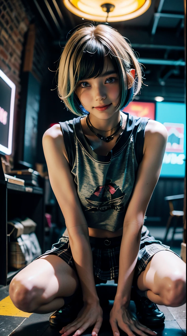 A colorful Bob cut haired punk canadian girl, smooth white skin, innocent, enticing, Ultra high res, uhd, photorealistic, detailed cyberpunk outfit, ripped shirt, wink, smiling, neon lighting, crop top vest, short skirt, colorful loose socks, athletic legs, fish eye lens, vogue pose, modelling, beautiful detailed face