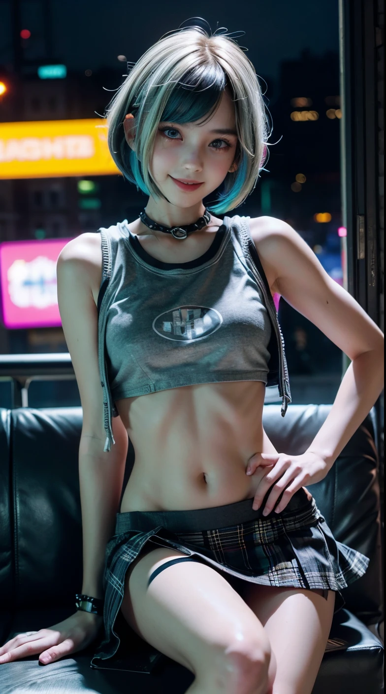 A colorful Bob cut haired punk canadian girl, smooth white skin, innocent, enticing, high res, uhd, photorealistic, detailed cyberpunk outfit, ripped shirt, wink, smiling, neon lighting, crop top vest, short skirt, colorful loose socks, athletic legs, fish eye lens, vogue pose, modelling, beautiful detailed face