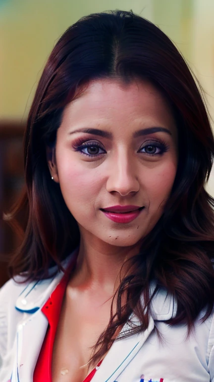 extreme close up body photo of  trisha in hospital, with stethoscope, swooping breasts, deep cleavage, seductive look at man, blue and white nurse uniform, red glossy lips, free flowing hair, 4K, HD