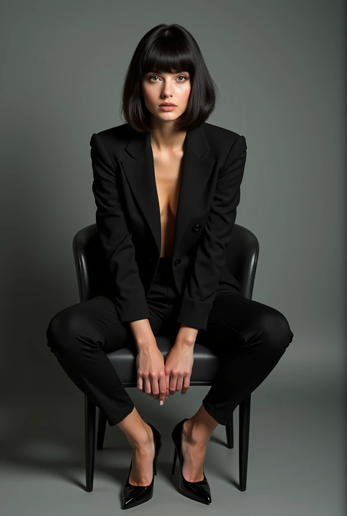 In a luxurious studio setting with a rich, dark backdrop, she wears a fitted, midnight blue velvet blazer over a sheer, black camisole and tailored pants. Her black hair is styled in a smooth, sleek bob. She sits casually on a modern, high-backed chair with one arm draped over the back and the other resting on her knee. Her pose is relaxed but elegant, with a subtle hint of allure as she gazes thoughtfully toward the camera. The studio lighting captures the rich texture of the velvet and enhances the sophistication of her relaxed yet refined pose.