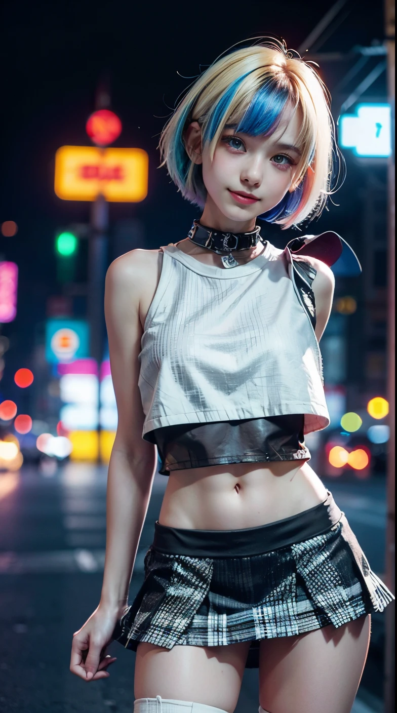 A colorful Bob cut haired punk canadian girl, smooth white skin, innocent, ultra high resolution, uhd, detailed cyberpunk outfit, ripped shirt, wink, smiling, neon lighting, crop top vest, short skirt, colorful loose socks, athletic legs, fish eye lens, vogue pose, modelling, beautiful detailed face