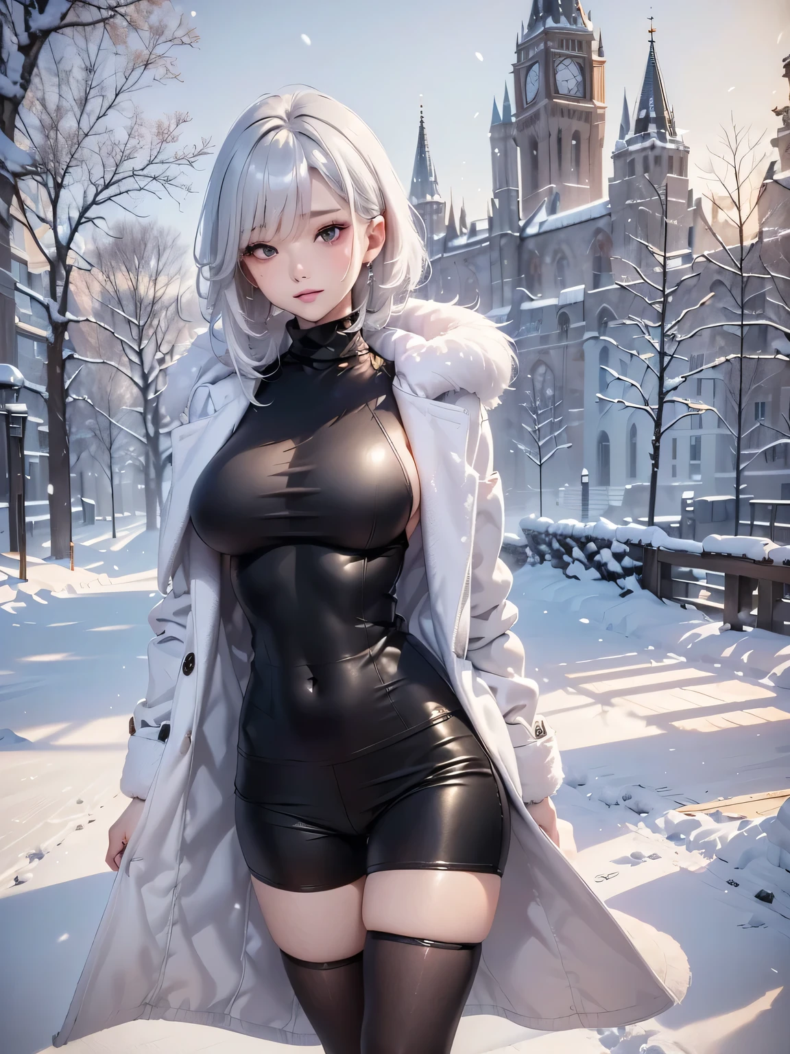 masterpiece:1.5, high quality. 1girl, turtleneck sweater, sideboob, black short pants, pantyhose, white hair, fur white coat, medium breasts, bright skin. background: winter ruins, snow fall. ダイナミックなポーズ
