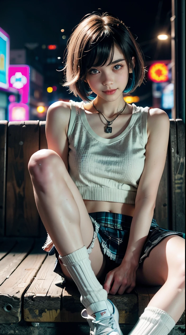 A colorful Bob cut haired punk canadian girl, smooth white skin, innocent, ultra high resolution, uhd, detailed cyberpunk outfit, ripped shirt, wink, smiling, neon lighting, crop top vest, short skirt, colorful loose socks, athletic legs, fish eye lens, vogue pose, modelling, beautiful detailed face