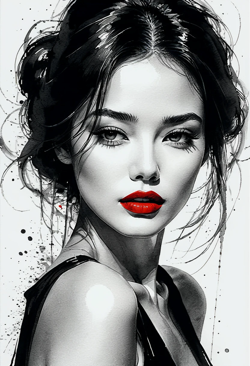 Sexy woman, black and white ink painting, pen sketch, soft brush strokes, delicate line drawing with pen, fluid action, subtle ink tones, elegant pose, peaceful expression, delicate facial features, ink, dust, wet. Black and white, only red lips, clean