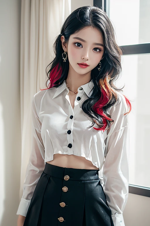 Top quality, RAW Photo, Highest Quality Image, 16K, Full body, Age 22, Realistic, Photorealistic,  Beautiful Asian woman, Sexy, body, White pale skin, ((( Multicolor Hair ))), ((( Short and wavy hairstyle ))), Modern hairstyles, Detailed face, Detailed body, Detailed skin, Double eyelids, Very Big eyes, long eyelashes, bright eyes, green eyes, natural lips, detailed lips, ((( Very Small breasts, Flat Breasts ))), posing in bedroom studio, sunny day light,  ((( wearing White Shirt and black skirt ))),  ((( All Buttons are Unbuttoned ))), no bra, ((( piercings ))), ((( piercing bellybutton with jewelry )))