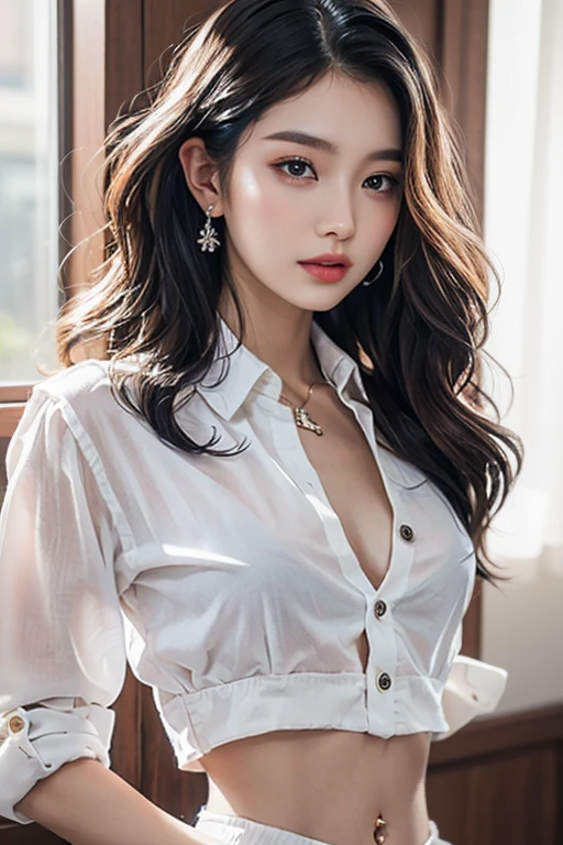 Top quality, RAW Photo, Highest Quality Image, 16K, Full body, Age 22, Realistic, Photorealistic,  Beautiful Asian woman, Sexy, body, White pale skin, ((( Multicolor Hair ))), ((( Short and wavy hairstyle ))), Modern hairstyles, Detailed face, Detailed body, Detailed skin, Double eyelids, Very Big eyes, long eyelashes, bright eyes, green eyes, natural lips, detailed lips, ((( Very Small breasts, Flat Breasts ))), posing in bedroom studio, sunny day light,  ((( wearing White Shirt and black skirt ))),  ((( All Buttons are Unbuttoned ))), no bra, ((( piercings ))), ((( piercing bellybutton with jewelry )))