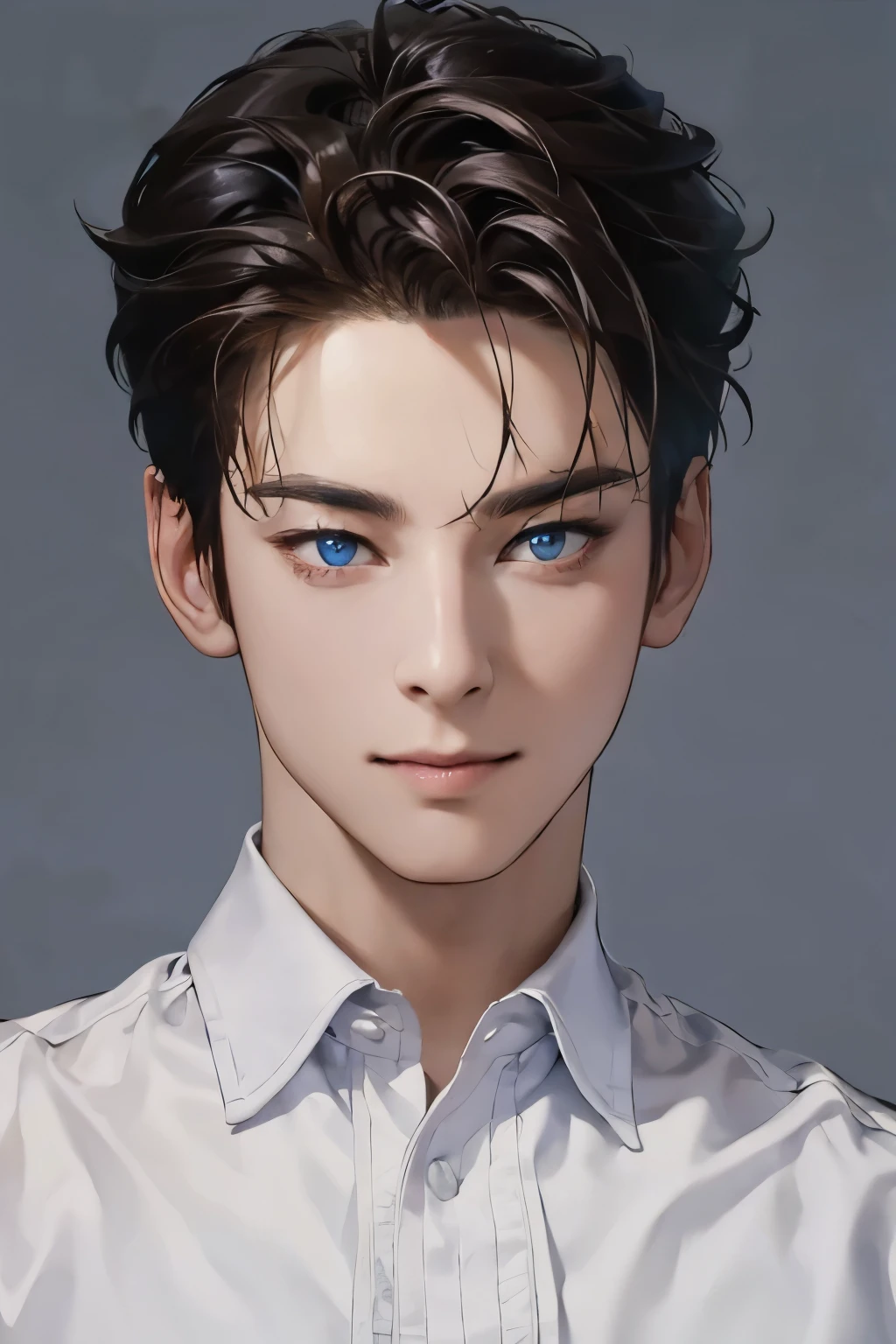 (best quality,4K,8k,high resolution,work of art:1.2),ultra-detailed,(realisticphotorealisticphoto-realistic:1.37),3 man,blue eyes, ,cute anime,Portraits,strong,masculine,dark hair,sharp jaw,mesmerizing eyes,perfectly styled hair,cool anime outfit,confident expression,vibrant colors,dynamic lighting, CEO and expression smile in love.
