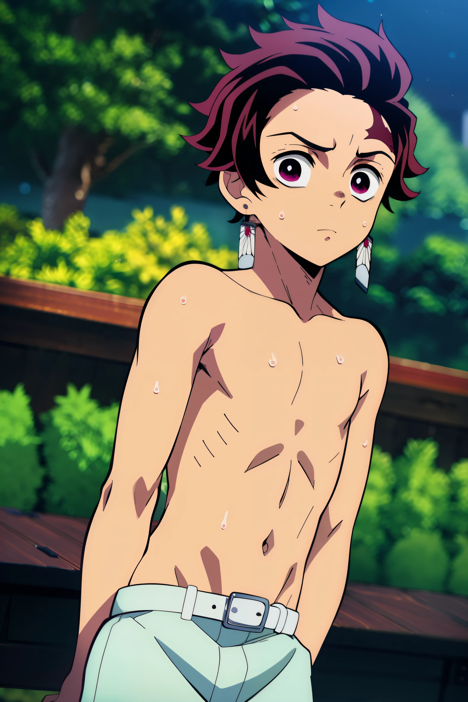 Highres, Masterpiece, Best quality at best,Best Quality,hight quality, hight detailed, Anime style, 1boy, Shota, young boy, Solo person, Kamado_tanjirou, red hair, earring, Shirtless, smile, Navel, Seen from the front, Look at viewer, upper body, (very young boy), 12-year-old boys, (Showing armpit:1.3), The armpits of a 12 year old boy, Adorable little armpits, Give me a proportional picture of a 12 year old boy's armpits, Uhd, Bokeh