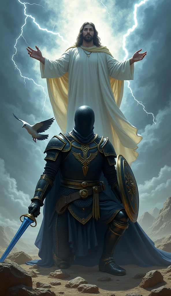 A soldier wearing an armor with a black color and golden edge, solider with no face kneeling  down only on the right  leg,blue sword on his right hand, A golden shield on the left hand,a big cross standing behind the soldier, a lightning all over the place,a dove on the shoulder of the soldier 