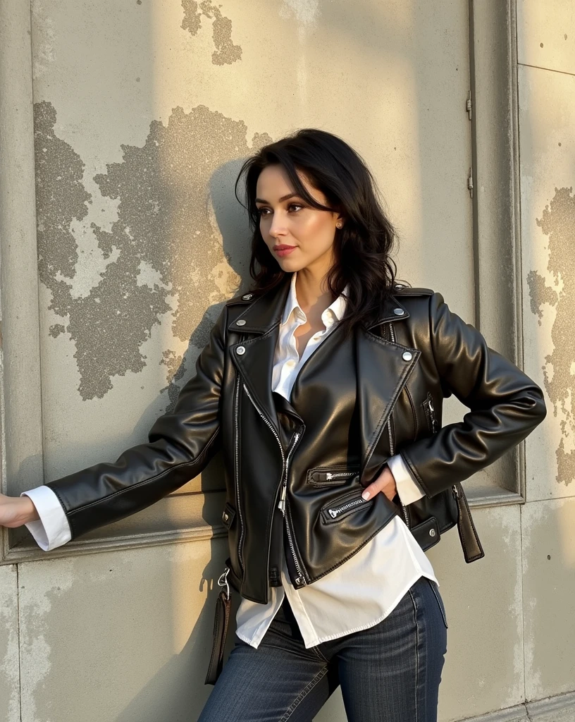 Leather coat,1 Girl,Sexy pose,best quality,masterpiece,illustration,Extremely delicate and beautiful,CG,Unite,8k wallpaper,Astonishing,Fine details,masterpiece,Official Art,Extremely detailed CG Unite 8k wallpaper,Ridiculous,Huge file size,Extremely detailed,high resolution,Extremely detailed,Beautiful and delicate girl,Practical,Full front,outdoor,necklace,Leather Skirt,