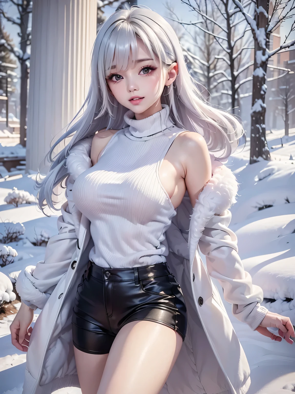 masterpiece:1.5, high quality. 1girl, turtleneck sweater, sideboob, black short pants, pantyhose, white hair, fur white coat, medium breasts, bright skin. background: winter ruins, snow fall. ダイナミックなポーズ