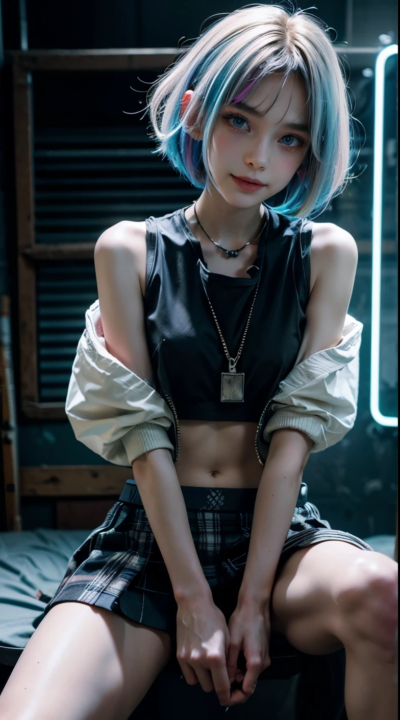 A colorful Bob cut haired punk canadian girl, smooth white skin, slender, skinny, innocent look, ultra high resolution, uhd, detailed cyberpunk outfit, ripped shirt, wink, smiling, neon lighting, crop top vest, short skirt, colorful loose socks, athletic legs, vogue pose, modelling, beautiful detailed face