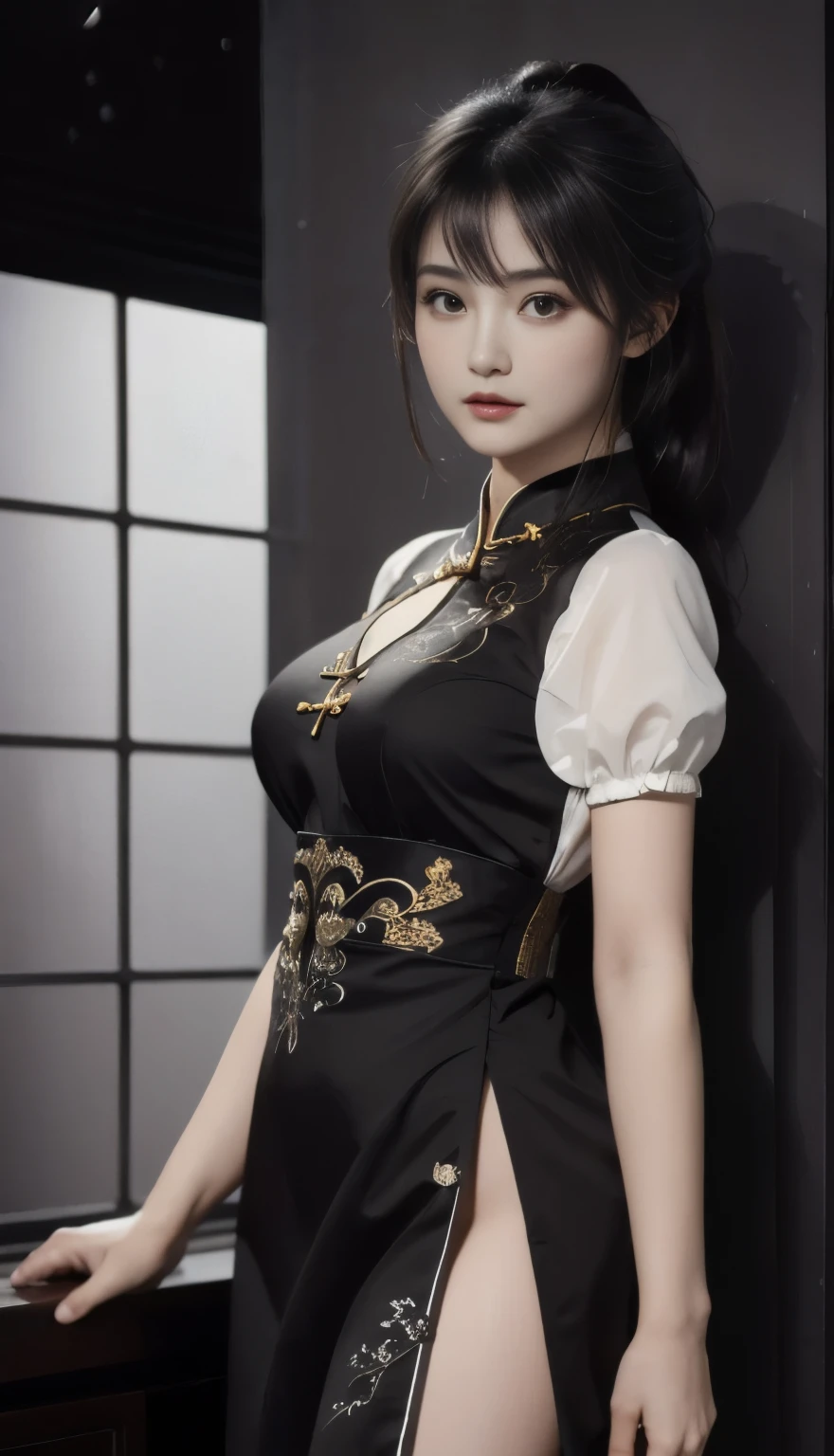 1 Girl，Standing by the window，((Dark environment at night:1.5)),Moonlight shines through the window，Intricate details, Ultra Detailed, Ultra-high resolution, (masterpiece, Best quality, Beautiful:1.2), Beautiful眼睛,  Very detailed, (Bangs:1.1),((healthy，Charming body curves)) ，Ancient Chinese dress，Ancient lamps，Middle distance half,  Real photography