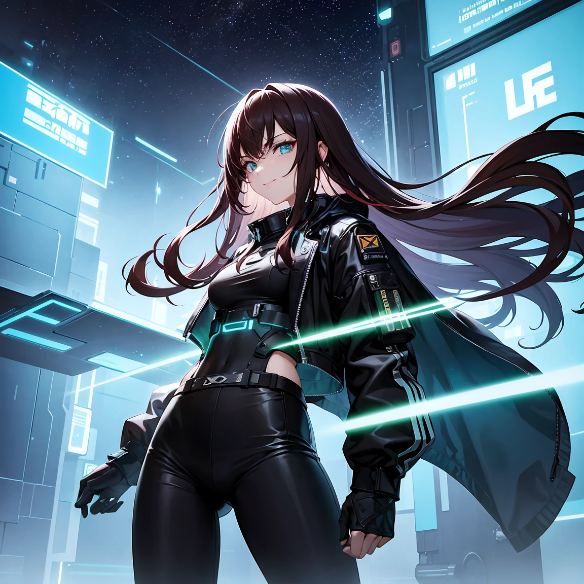 "2 friends, a man with dark brown hair, wavy and very short, and a girl with long red hair are floating in a space environment, with a vast landscape of stars in the background. The man, taller than the girl, wears simple style black pants, but complemented by cybernetic details in neon yellow and metallic plates, creating a futuristic look inspired by the cyberpunk universe, similar to the design of the game &#39;Super Sus&#39;. He wears a costume inspired by a &#39;cybernetic bee&#39;, with a futuristic and robust touch. His personality is unknown and he is punching the air, as if you were warming up or training in zero gravity.

The girl, smaller in stature, wear a long shirt, white and cybernetic, that goes down to the thighs, with short shorts, plus futuristic accessories that glow in neon blue hues. His hacking style is highlighted by electronic devices floating around him., highlighting his smiling and somewhat eccentric personality. Both characters are in the spotlight, with the height difference clearly marked and the focus entirely on them. The clothes and the environment refer to the futuristic and immersive style of &#39;Super Sus&#39;, giving it an innovative and cyberpunk look."