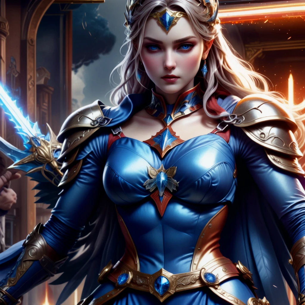 (Blood Elf Female Paladin:1) Portrait:1.2) in hell landscape with castle and demon horde (((Masterpiece))), ((Best quality)), Realistic, 8K, Ultra-detailed, Realistic, scenery, concept-art, Highly detailed RAW color Photo, Side angle, (Lens flare:0.7), particle fx, Ray traching, Cinematic lighting, Shallow depth of field, photographed on a Sony Alpha 1, 50mm wide angle lens, Sharp focus, film movie still, Dynamic pose, (Realistic:1.3), (((nipple chain)))...