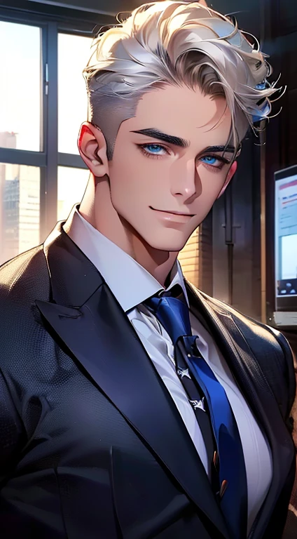 (best quality, masterpiece, 8K, photorealistic, cinematic lighting, hdr image, ultra detailed, beautiful image), 1 man, 3, mature man, very handsome, (without expression, smile), short white hair, blue eyes ( penetrating gaze), perfect face without errors, imposing posture, without errors, businessman, office background