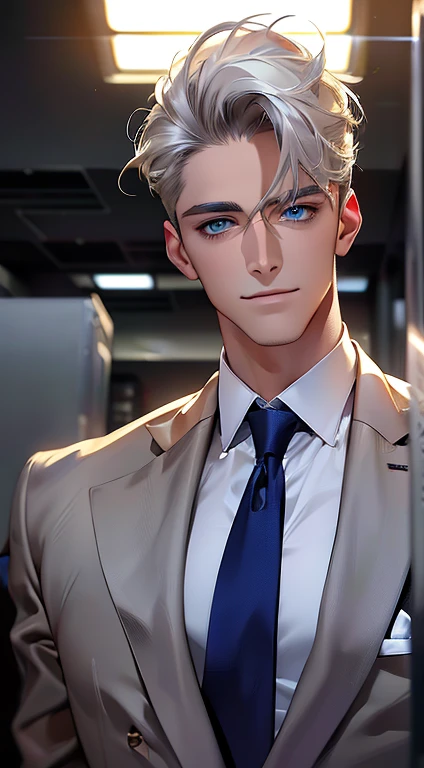 (best quality, masterpiece, 8K, photorealistic, cinematic lighting, hdr image, ultra detailed, beautiful image), 1 man, 3, mature man, very handsome, (without expression, smile), short white hair, blue eyes ( penetrating gaze), perfect face without errors, imposing posture, without errors, businessman, office background