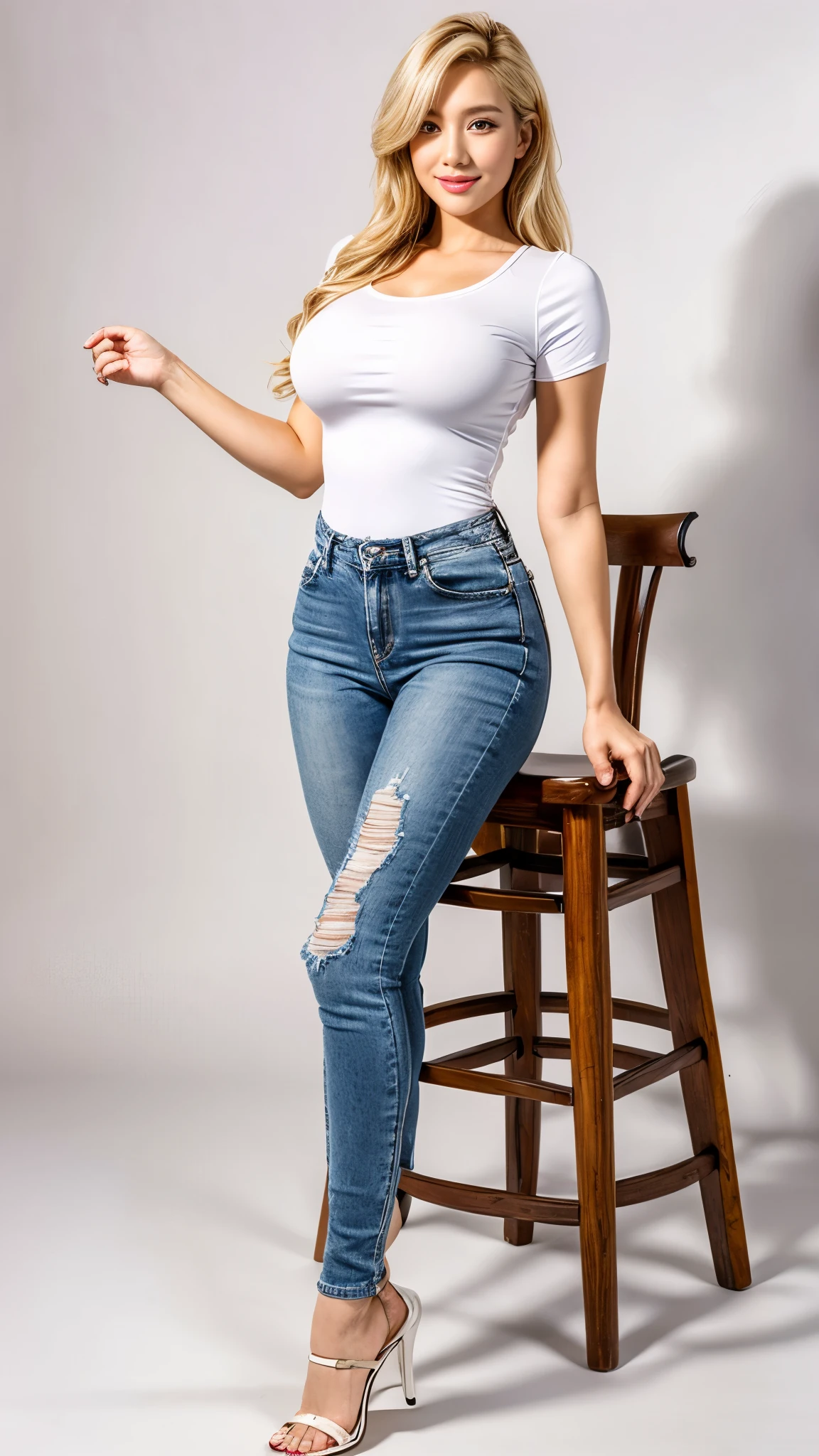A sexy korean woman, long flowy blonde hair, glossy lips, plump body, long legs, heavy breasts, giant breasts, huge breasts, massive breasts, juicy breasts, succulent breasts, enormous breasts, braless, wearing casual tight shirt, ripped skinny jeans, high heels, stilettos, full body, standing on the floor, detailed body, at photo studio, white backdrop, dynamic light, 8K, masterpiece, ultra detailed, professional studio lighting.