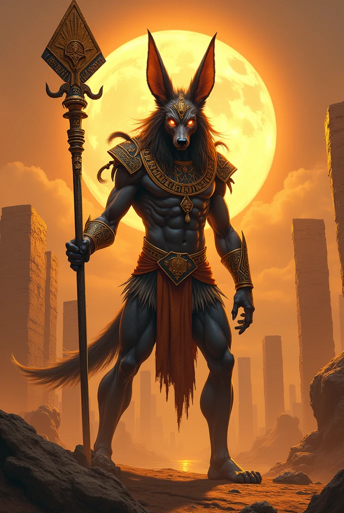 Generate a image of indain mythological character kaal bhairav with his dog which in action to ready for war portrait art work in egyptian style