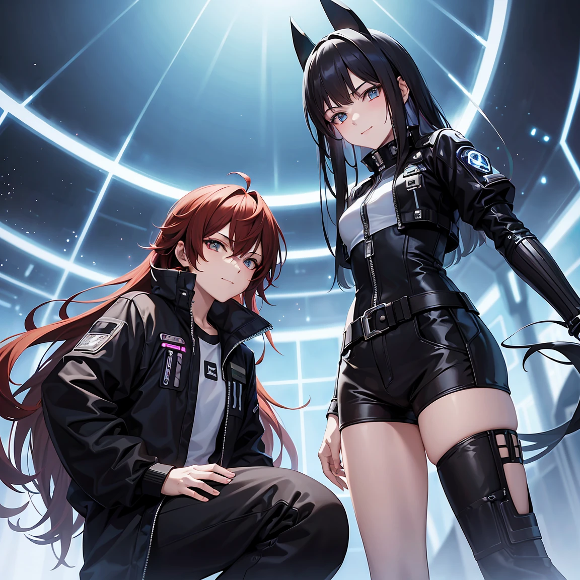 "2 friends, a man with dark brown hair, wavy and very short, and a girl with long red hair are floating in a space environment, with a vast landscape of stars in the background. The man, taller than the girl, wears simple style black pants, but complemented by cybernetic details in neon yellow and metallic plates, creating a futuristic look inspired by the cyberpunk universe, similar to the design of the game &#39;Super Sus&#39;. He wears a costume inspired by a &#39;cybernetic bee&#39;, with a futuristic and robust touch. His personality is unknown and he is punching the air, as if you were warming up or training in zero gravity.

The girl, smaller in stature, wear a long shirt, white and cybernetic, that goes down to the thighs, with short shorts, plus futuristic accessories that glow in neon blue hues. His hacking style is highlighted by electronic devices floating around him., highlighting his smiling and somewhat eccentric personality. Both characters are in the spotlight, with the height difference clearly marked and the focus entirely on them. The clothes and the environment refer to the futuristic and immersive style of &#39;Super Sus&#39;, giving it an innovative and cyberpunk look."