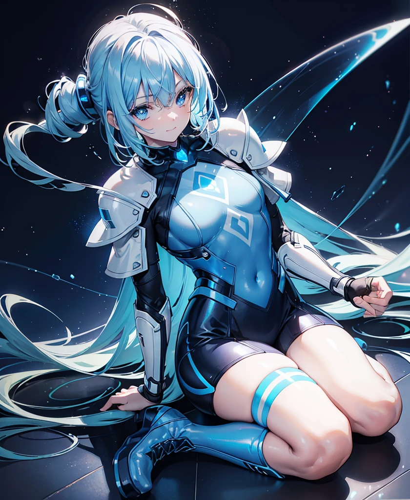 8K, Highest quality, (real:1.4), Original photo, 1 girl, Asari Hair, Biological Amplifier, Very sleek and futuristic armor, posture: Peace talks between warring factions,,attention arousal, smart blue eyes,A modest smile,Knee-high boots,Patent-look blue tights,Blue big moon and blue light swirl in the background,Blue light from behind,blue light magic,A small, glowing blue ball in the palm of your hand,Blue flame swirl,Blue Comet,Polished floor,