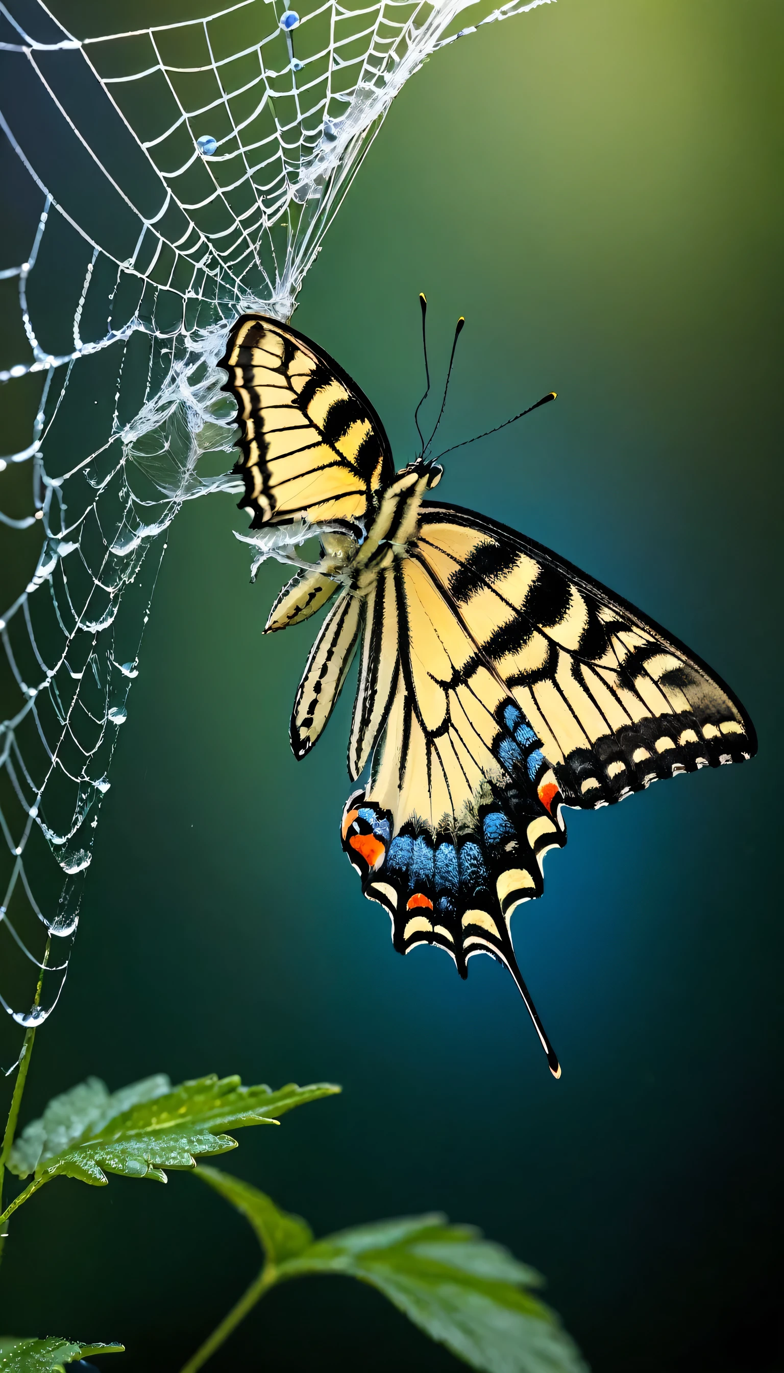 A delicate swallowtail butterfly struggles in a vast spider web, desperately flapping its wings as it tries to escape. The butterfly’s wings are accurately depicted with their distinctive black and yellow patterns and blue spots, shimmering as they catch the light. The web’s sticky threads are visible as they entangle the butterfly, with the background being dark and misty, illuminated by faint, ethereal light. The scene focuses solely on the butterfly’s struggle and beauty, with no spider present.