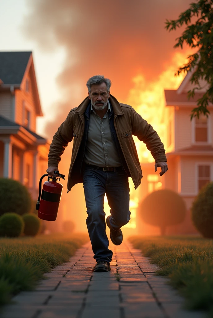 A man sitting on his front porch reading the bible, a garbage truck on the street out front has just exploded and is on fire, make him have realitivly short hair with a middle part.