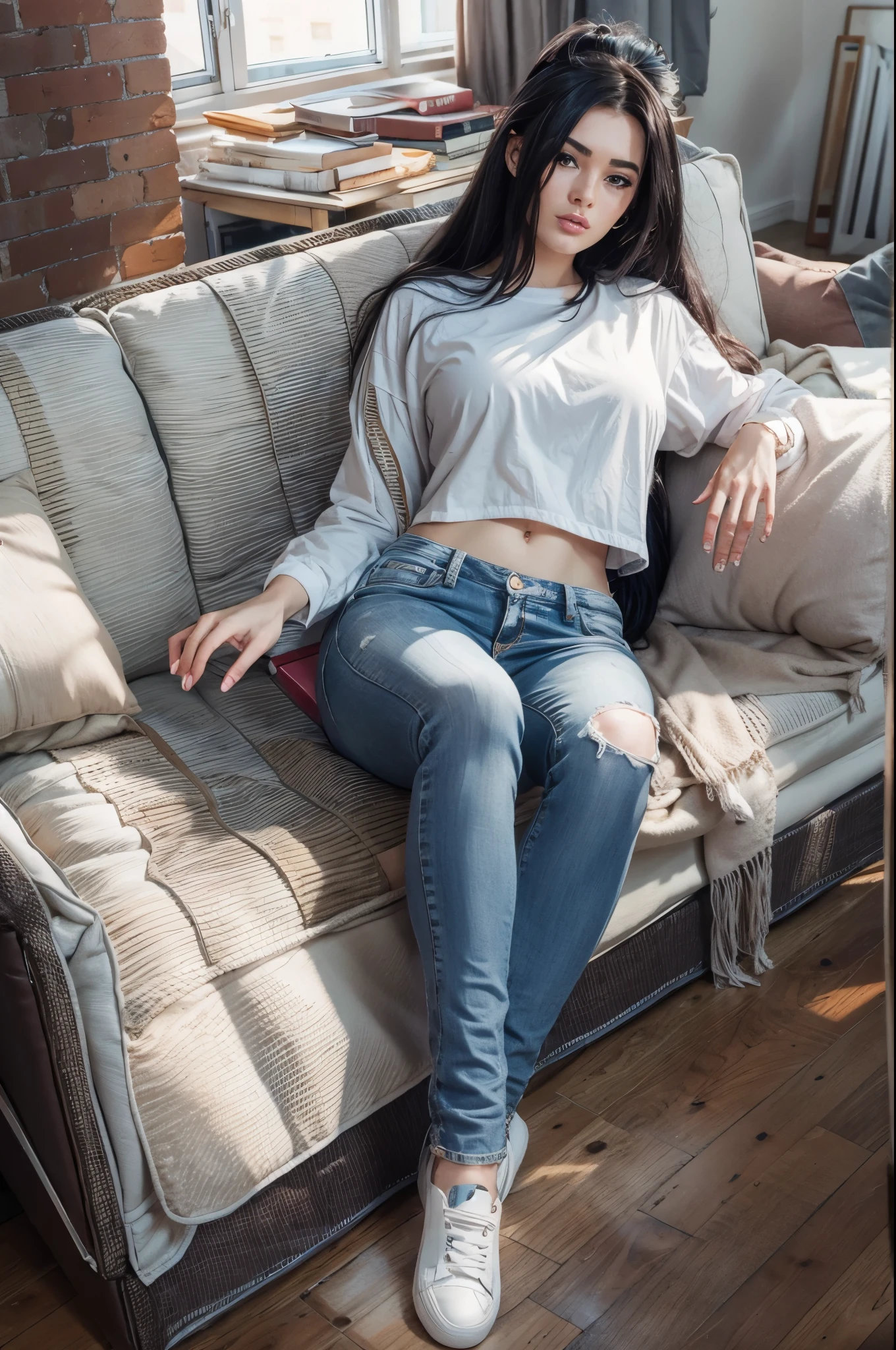 1girl,solo,best quality, masterpiece, 8k,raw photo, photo (object), extremely detailed, raw,realistic,sitting, looking at viewer,jeans,white t-shirt,long hair,black hair, couch,