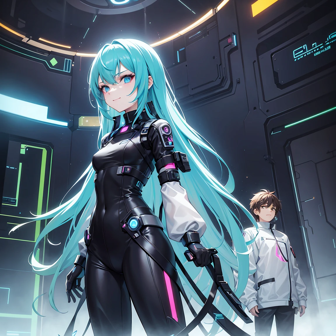 "2 friends, a man with dark brown hair, wavy and very short, and a girl with long red hair are floating in a space environment, with a vast landscape of stars in the background. The man, taller than the girl, wears simple style black pants, but complemented by cybernetic details in neon yellow and metallic plates, creating a futuristic look inspired by the cyberpunk universe, similar to the design of the game &#39;Super Sus&#39;. He wears a costume inspired by a &#39;cybernetic bee&#39;, with a futuristic and robust touch. His personality is unknown and he is punching the air, as if you were warming up or training in zero gravity.

The girl, smaller in stature, wear a long shirt, white and cybernetic, that goes down to the thighs, with short shorts, plus futuristic accessories that glow in neon blue hues. His hacking style is highlighted by electronic devices floating around him., highlighting his smiling and somewhat eccentric personality. Both characters are in the spotlight, with the height difference clearly marked and the focus entirely on them. The clothes and the environment refer to the futuristic and immersive style of &#39;Super Sus&#39;, giving it an innovative and cyberpunk look."