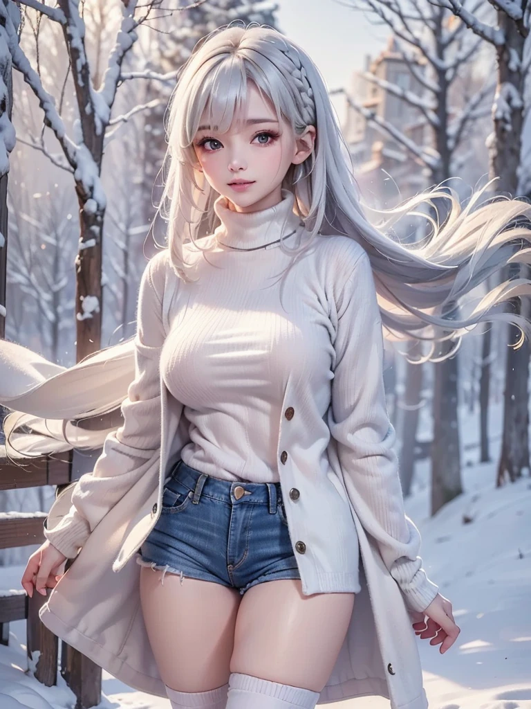 masterpiece:1.5, high quality. 1girl, turtleneck sweater, sideboob, denim short pants, pantyhose, white hair, fur white coat, medium breasts, bright skin. background: winter ruins, snow fall. ダイナミックなポーズ
