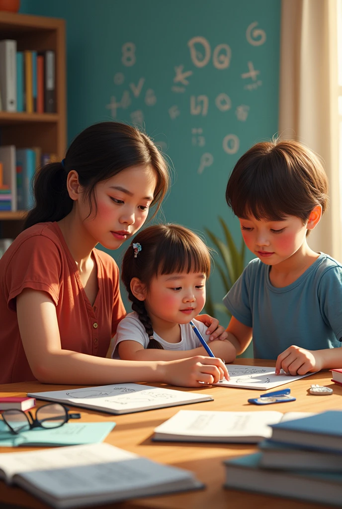 Create a picture that is with seven children with a father and mother. doing assignments together