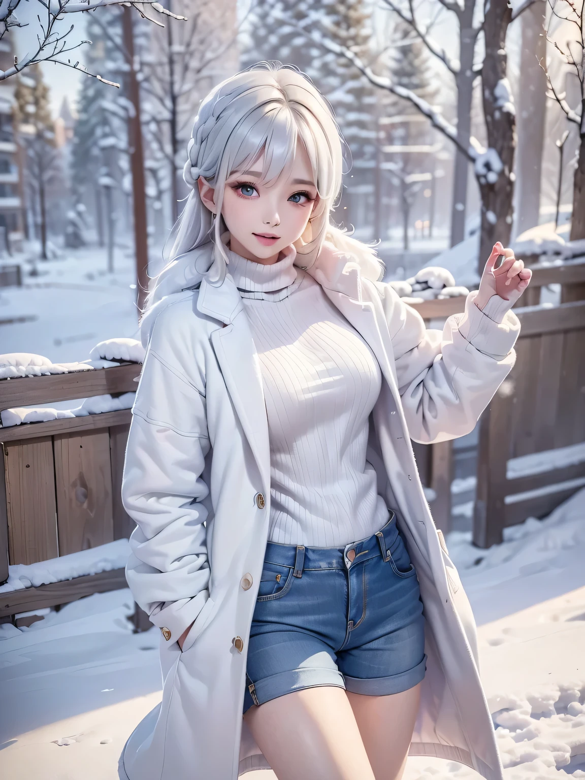 masterpiece:1.5, high quality. 1girl, turtleneck sweater, sideboob, denim short pants, pantyhose, white hair, fur white coat, medium breasts, bright skin. background: winter ruins, snow fall. ダイナミックなポーズ
