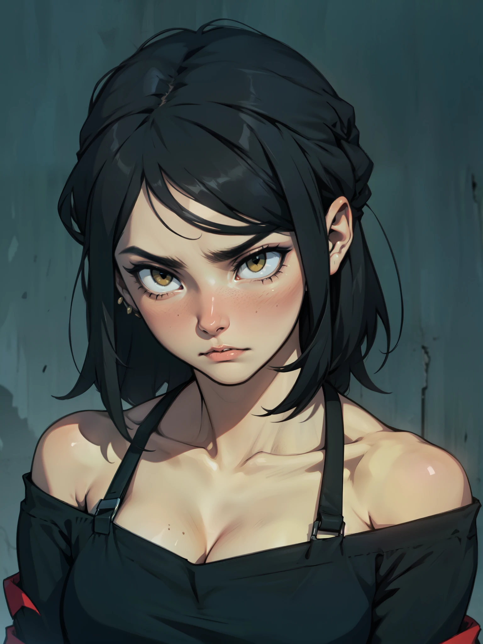 1 girl muscular black hair yellow eyes huge breasts pale skin expressionless sad expressionless sad expressionless sad expressionless sad expressionless sad expressionless sad expressionless sad creepy creepy