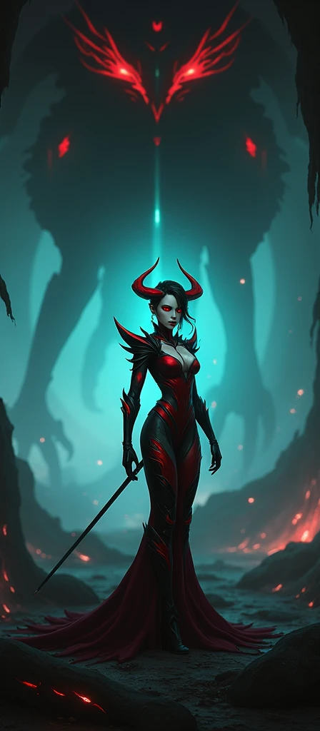 hermosa mujer demonio, armadura bikini, mirada seductora y hermosa alta calidad, queen of pain