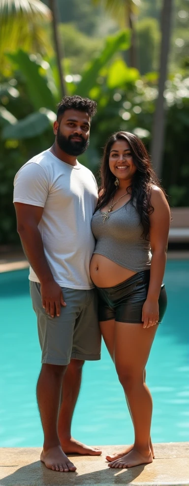 a black man in a suit hugs a naked chubby white-skinned pregnant bride with brown hair, at a wedding ceremony on the beach, intimate pubic hairstyle