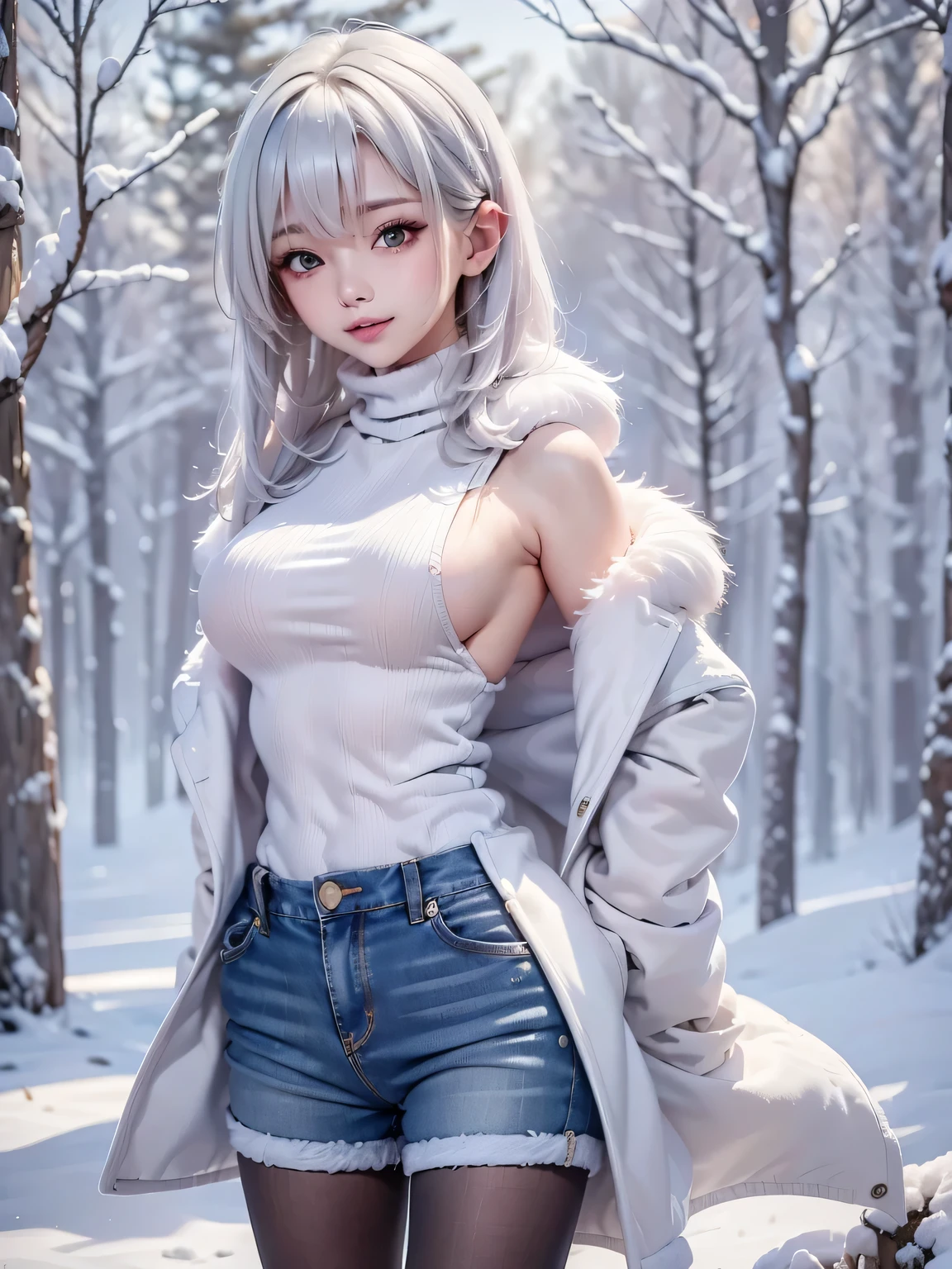 masterpiece:1.5, high quality. 1girl, turtleneck sweater, sideboob, denim short pants, pantyhose, white hair, fur white coat, medium breasts, bright skin. background: winter ruins, snow fall. ダイナミックなポーズ
