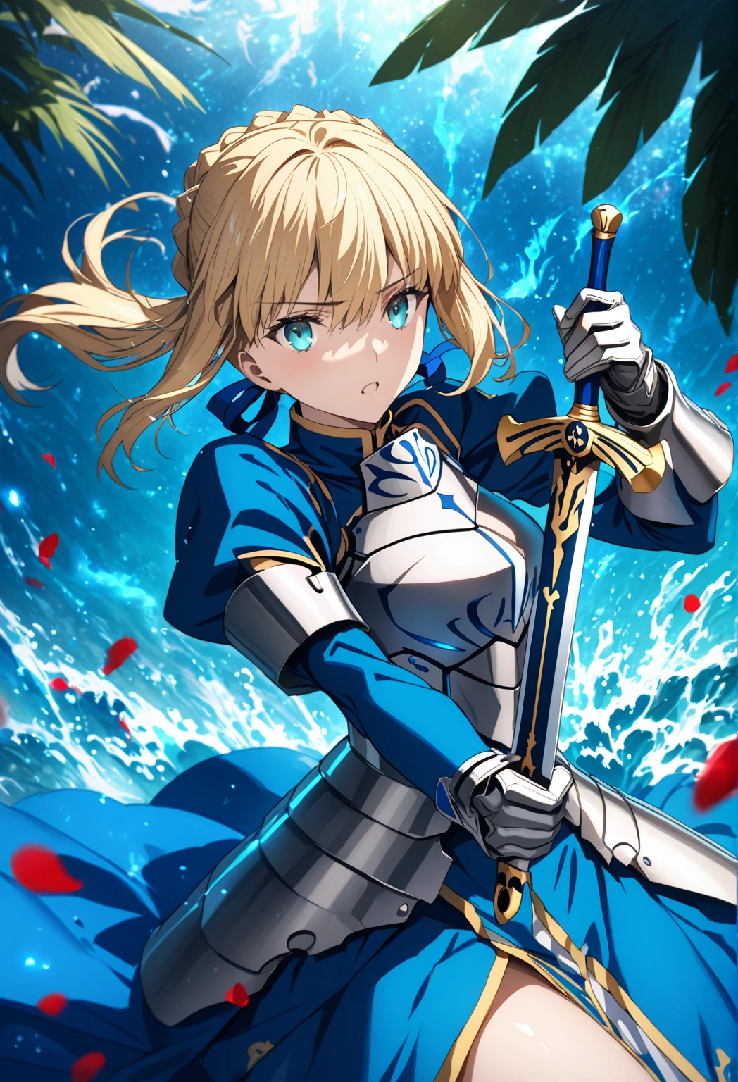 absurdres, highres, ultra detailed, HDR, master piece, Artoria Pendragon, blonde hair tied in a bun, expressive turquoise eyes, Saber, blue dress, extremely beautiful, sexy woman holding a sword, best quality, Fate Grand Order, fantasy, magical, sensual, blue starry sky, glittering, accessories, silver armor, blue ribbon, blue magic, blue flames, water, silver gloves,