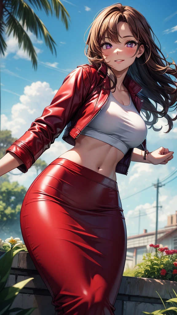 A young girl with pale skin, green eyes, and long black wavy hair, standing in a nighttime cemetery, wearing a tight white top with a deep neckline, a transparent crop top, and tight black pants with boots. She has an open red jacket, and her hair is blowing in the wind. She is smiling and looking at the camera, with visible nipples and red lips. In the background, there are bats flying in the ominous sky, creating a horrifying atmosphere. She has an athletic build.