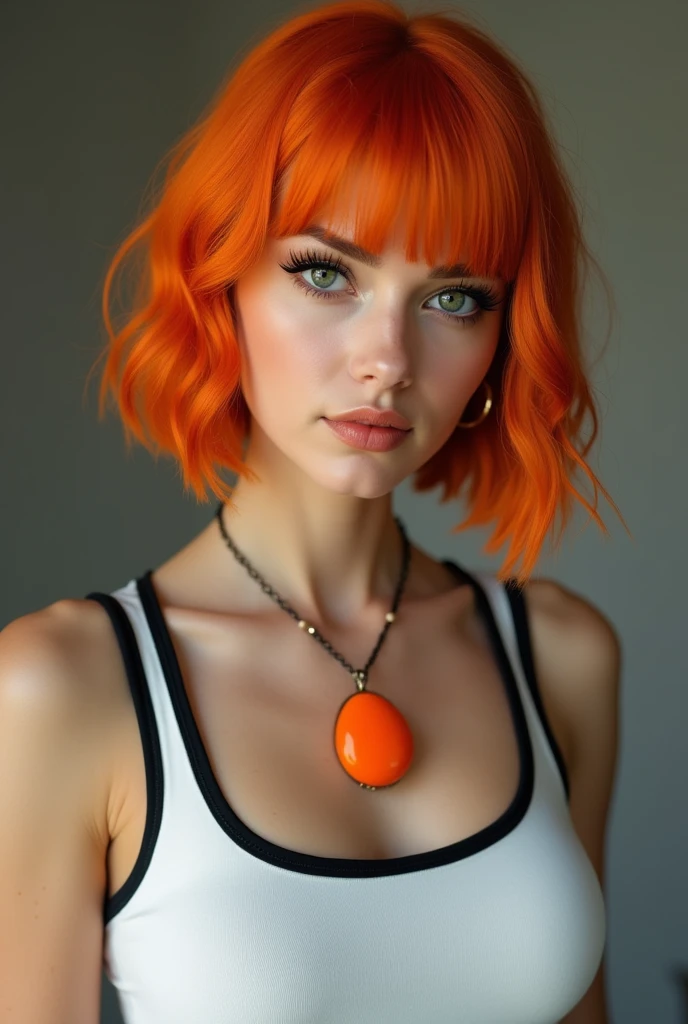 22 year old woman, 1girl, cleavage, comics style, analog style, illustration, lineart, portrait of woman by Flora Borsi, style by Flora Borsi, bold, bright colours, orange Mohawk haircut, ((Flora Borsi))