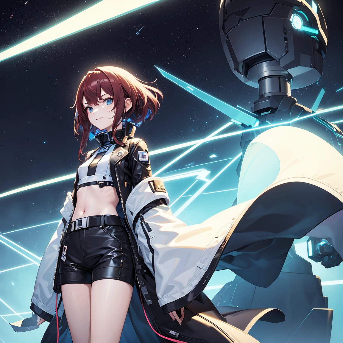 
"friends, a man with dark brown hair, wavy and very short, and a girl with long red hair are floating in a space environment, with a vast landscape of stars in the background. The man, taller than the girl, wears simple style black pants, but complemented by cybernetic details in neon yellow and metallic plates, creating a futuristic look inspired by the cyberpunk universe, similar to the design of the game &#39;Super Sus&#39;. He wears a costume inspired by a &#39;cybernetic bee&#39;, with a futuristic and robust touch. His personality is unknown and he is punching the air, as if you were warming up or training in zero gravity.

The girl, smaller in stature, wear a long shirt, white and cybernetic, that goes down to the thighs, with short shorts, plus futuristic accessories that glow in neon blue hues. His hacking style is highlighted by electronic devices floating around him., highlighting his smiling and somewhat eccentric personality. Both characters are in the spotlight, with the height difference clearly marked and the focus entirely on them. The clothes and the environment refer to the futuristic and immersive style of &#39;Super Sus&#39;, giving it an innovative and cyberpunk look."